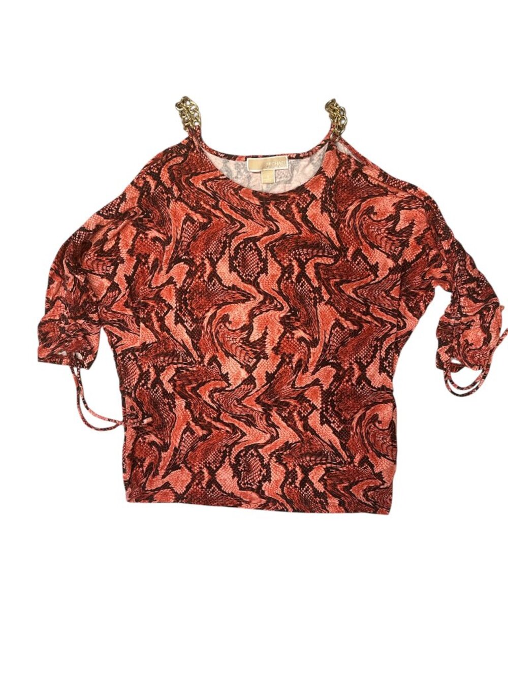 Michael Kors Coral & Black Snake Print Gold Chain Shoulder Top (Size Small)